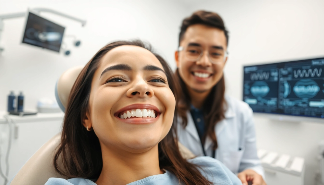 Invisalign Malaysia: Happy patient in a modern dental clinic with clear aligners, showcasing effective dental care.