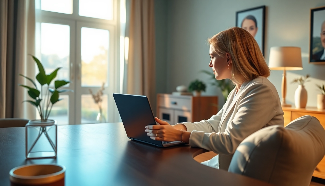 Engaging AI Therapist in a calming office setting while assisting clients.