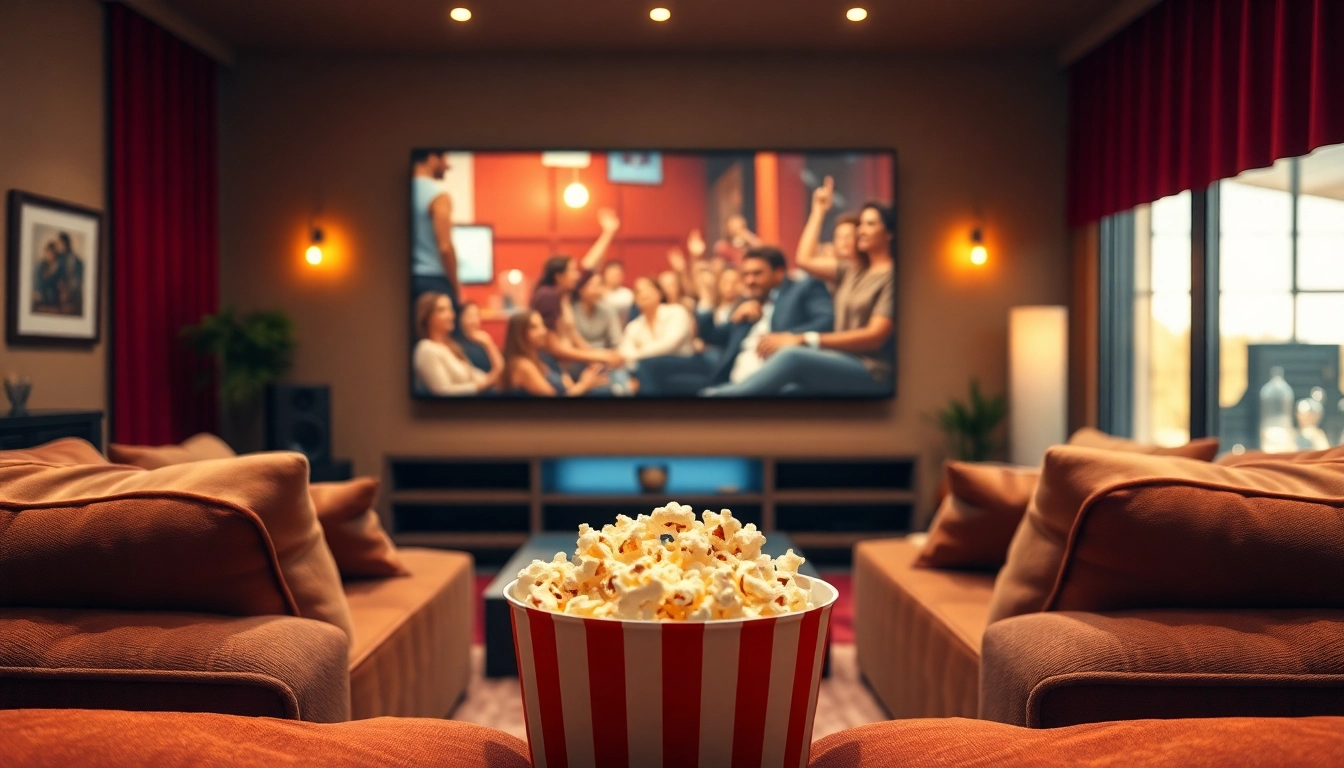 Enjoy ดูหนัง in a cozy home theater setting with warm lighting and inviting decor.