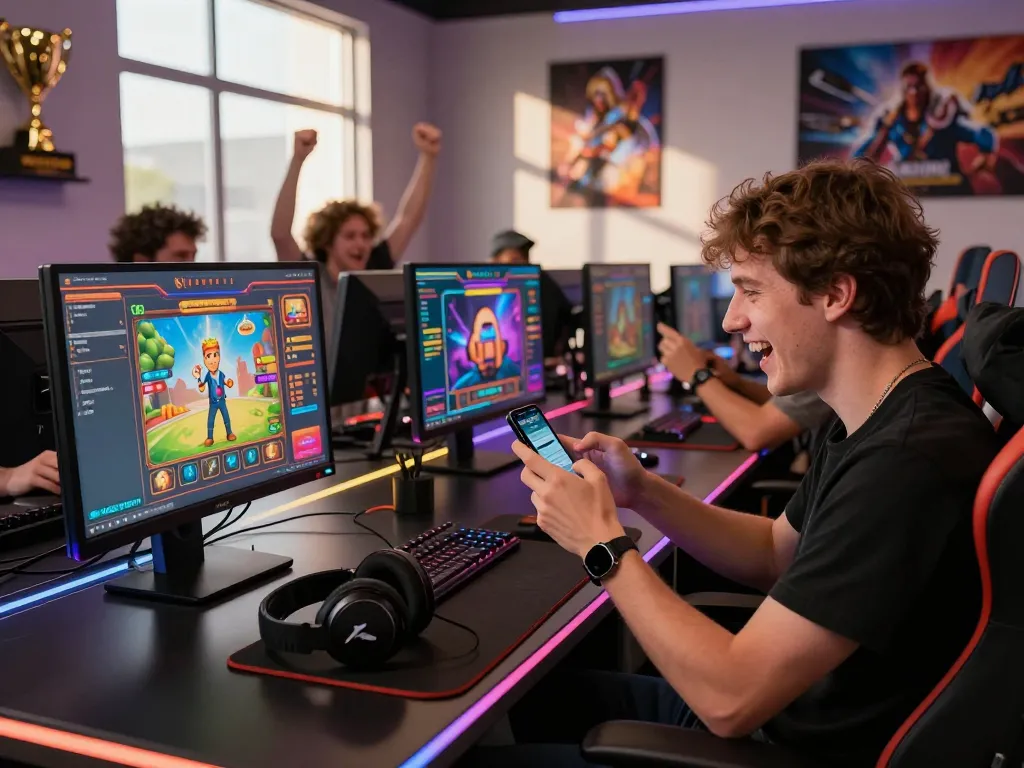 Excited person engaging with Hubet88 online gaming platform in a vibrant gaming setup.