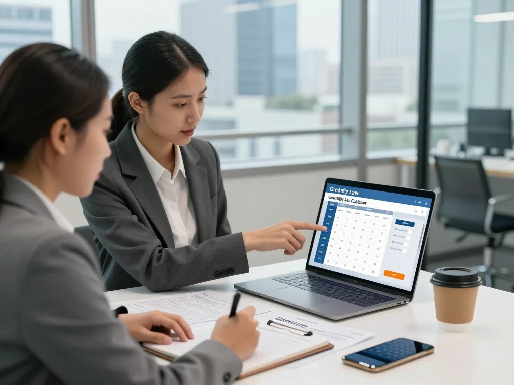 HR consultant demonstrating the Gratuity Law calculator to an employee in a modern office setting.