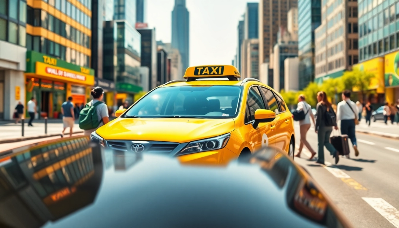 Engaging long distance taxi transfers imagery showcasing a sleek taxi in a vibrant city.