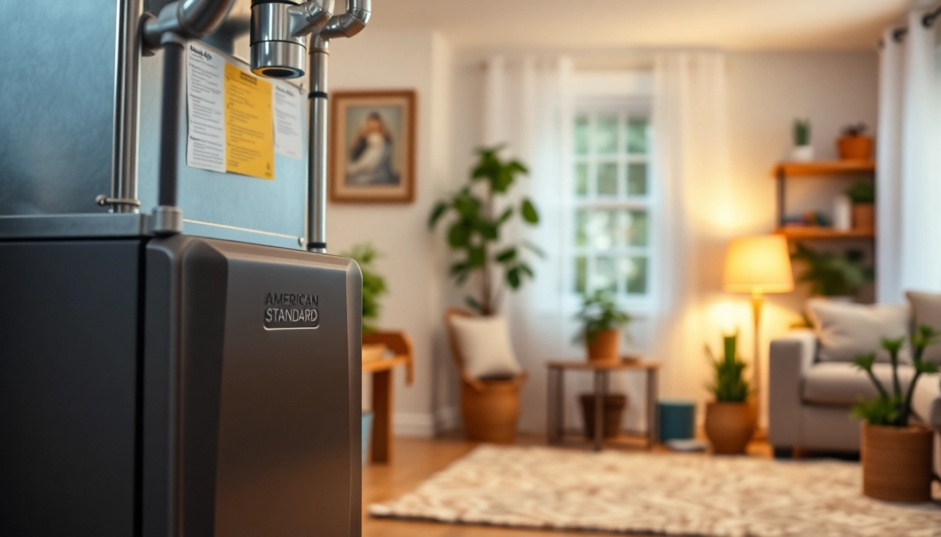 Showcasing an American Standard furnace Canada in a cozy home setting with warm lighting.