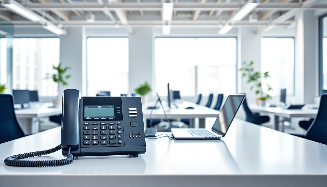 Engaging business phone systems setup featuring a VoIP device in a modern office for effective communication.