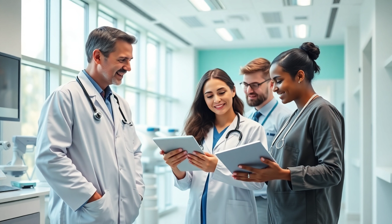 Healthcare professionals discussing innovative solutions at https://www.medexdtc.com in a modern clinic.