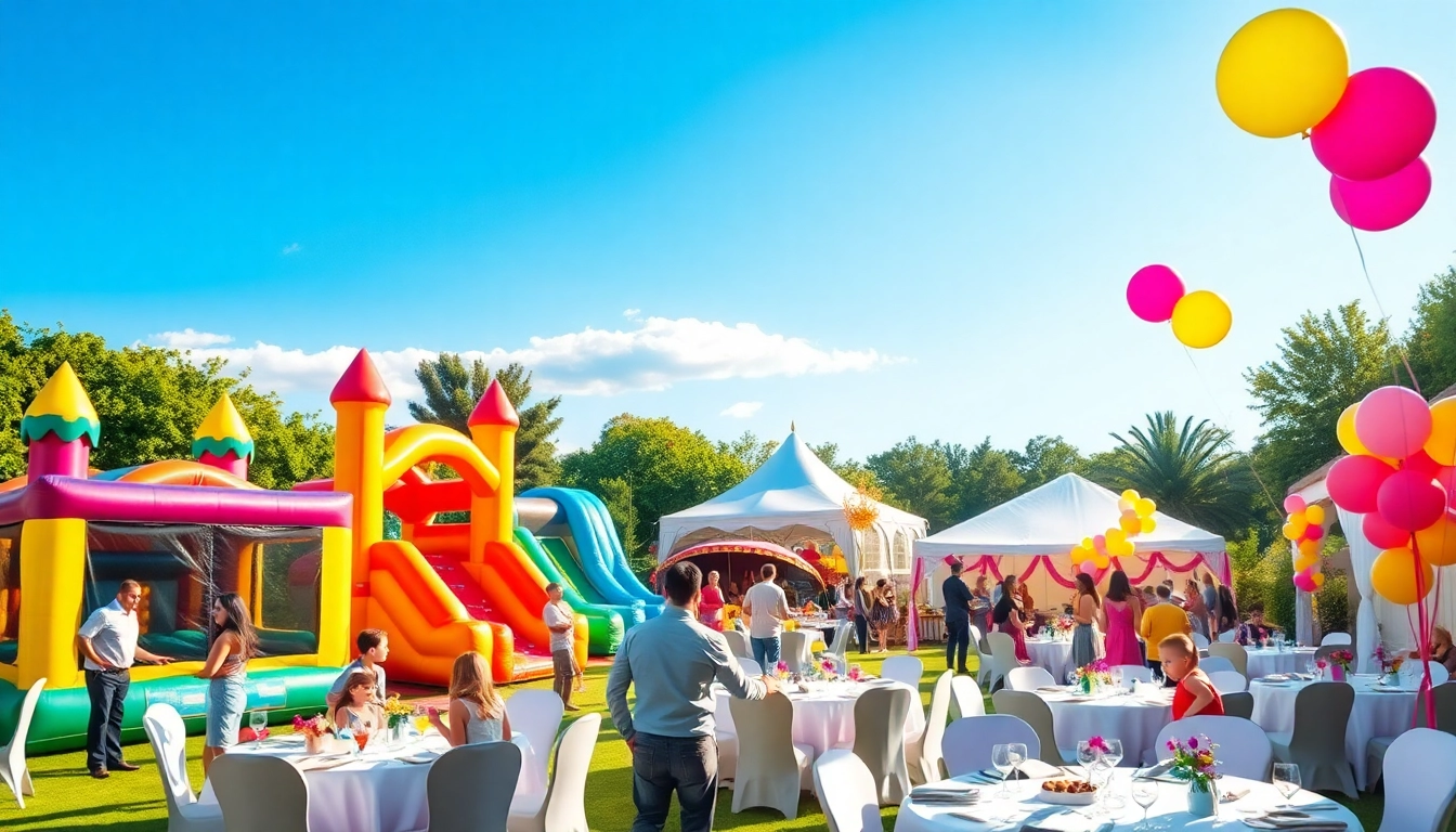 Engaging party scene highlighting diverse Party Rentals, creating an inviting and festive atmosphere.