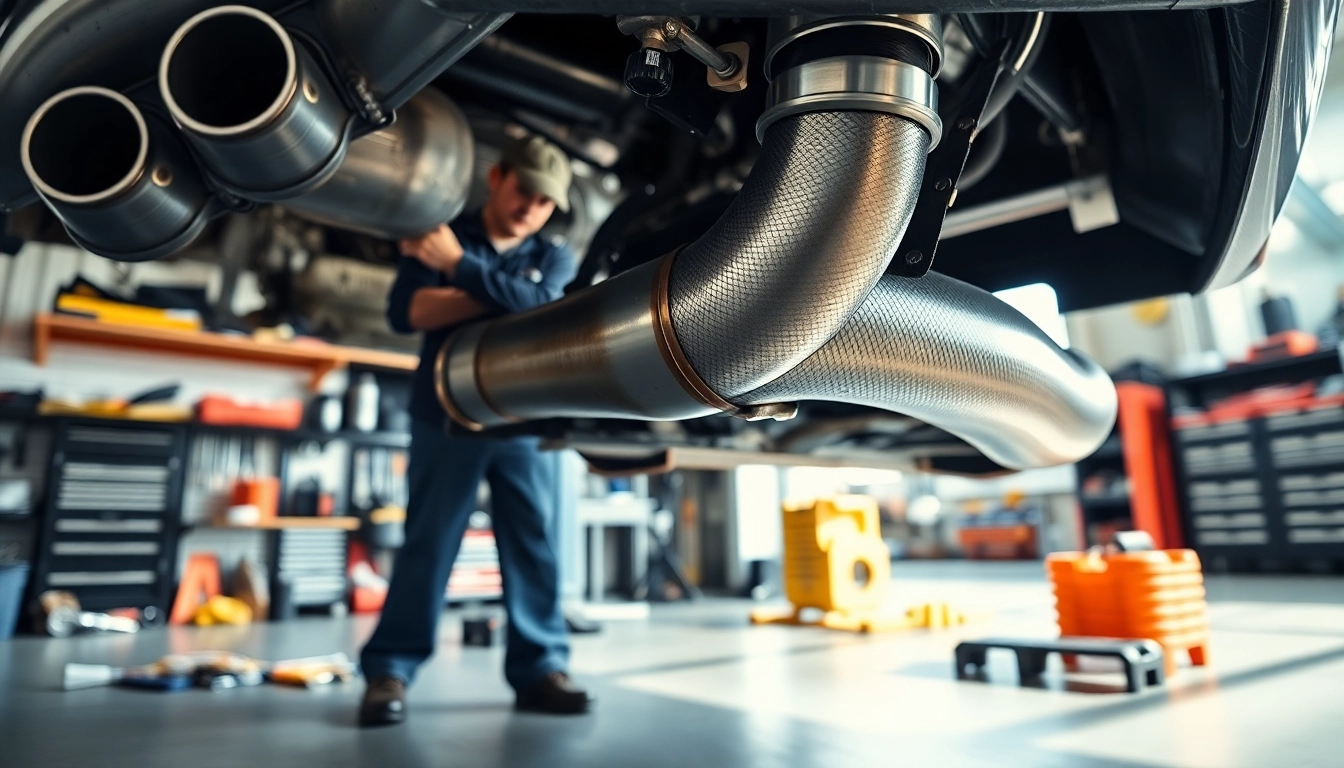 Mechanic installing an M5 downpipe in a well-lit garage, showcasing quality craftsmanship.