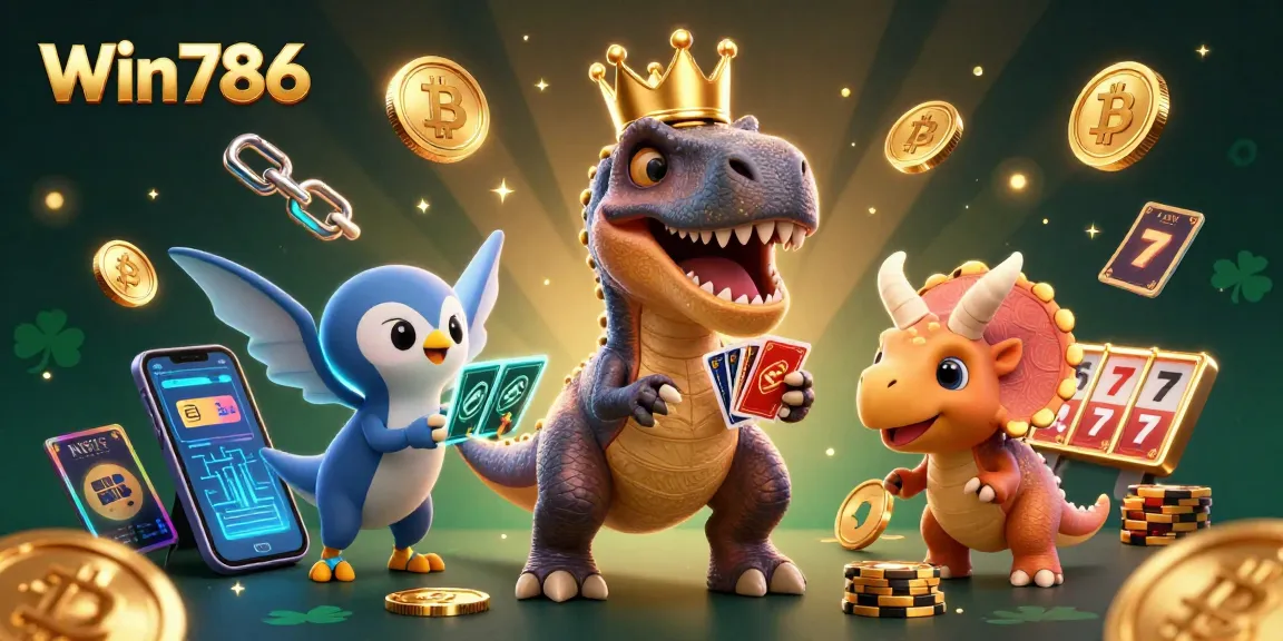 Engage with excitement on Win786 featuring friendly dinosaur characters and vibrant casino elements.