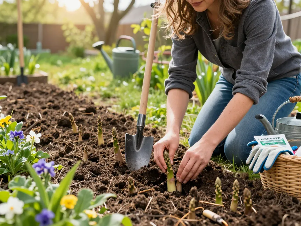 Gardener planting asperges planten crowns in rich soil, nurturing home garden.