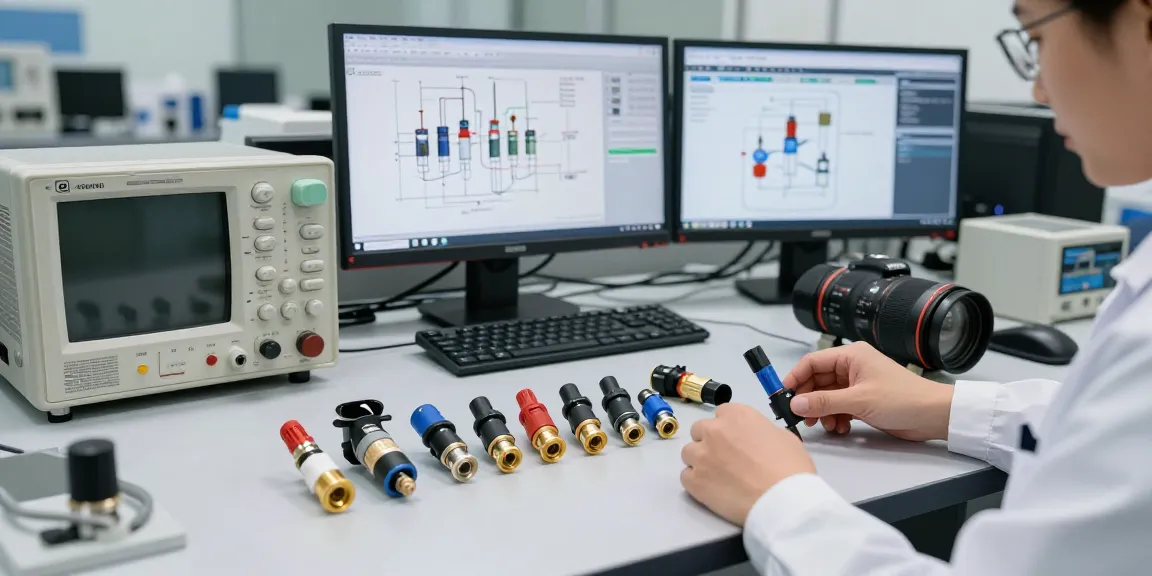 Technician analyzing various geophone connectors in a professional geophysical lab.