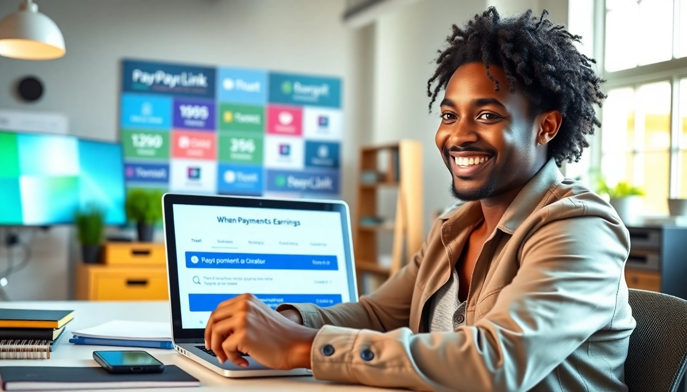 Showcasing payment links for content creators in a vibrant, professional environment with a cheerful individual.