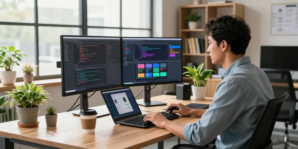 Creative tech workspace with a developer coding at dual monitors, showcasing 纸飞机官网 and modern office elements for productivity.