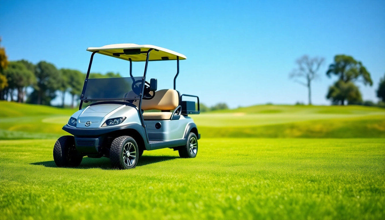 Showcase Bintelli Nexus golf cart on a golf course with vibrant surroundings and a clear sky.