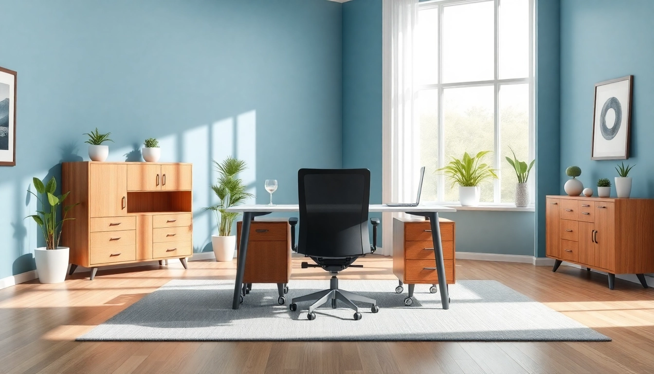 Showcase of stylish office furniture setup featuring desks and chairs for productivity.