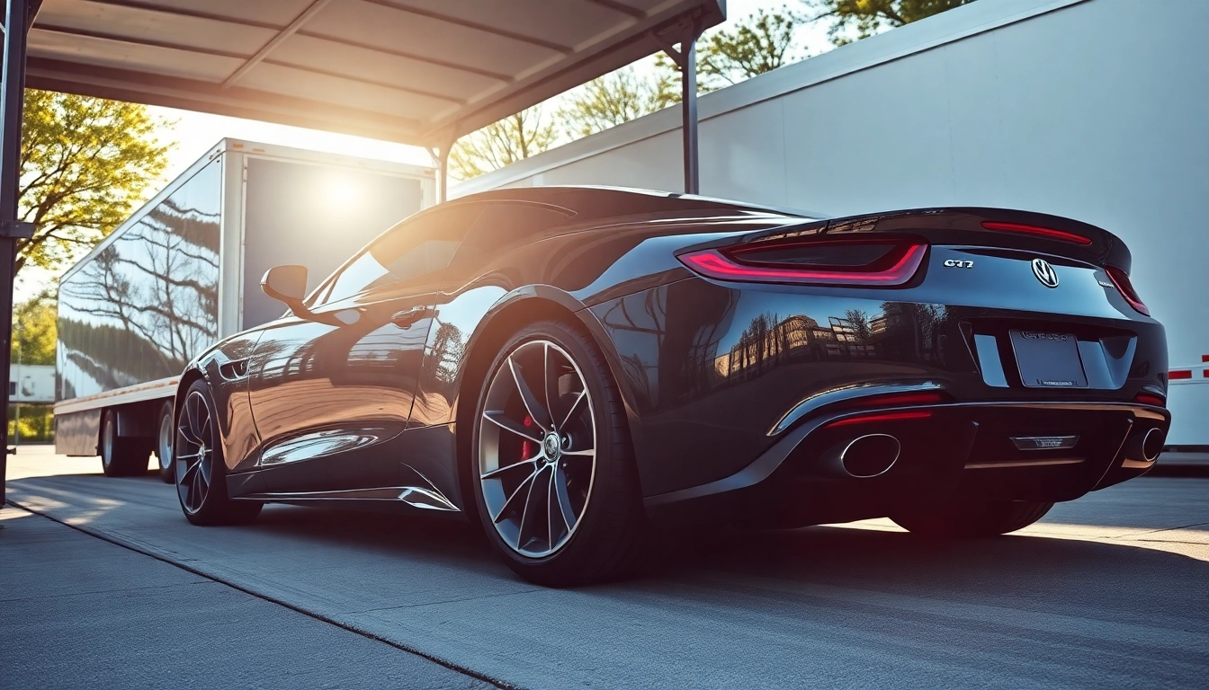 Showcase luxury car transport service supporting https://luxuryautocarriers.com with premium vehicles and secured loading.