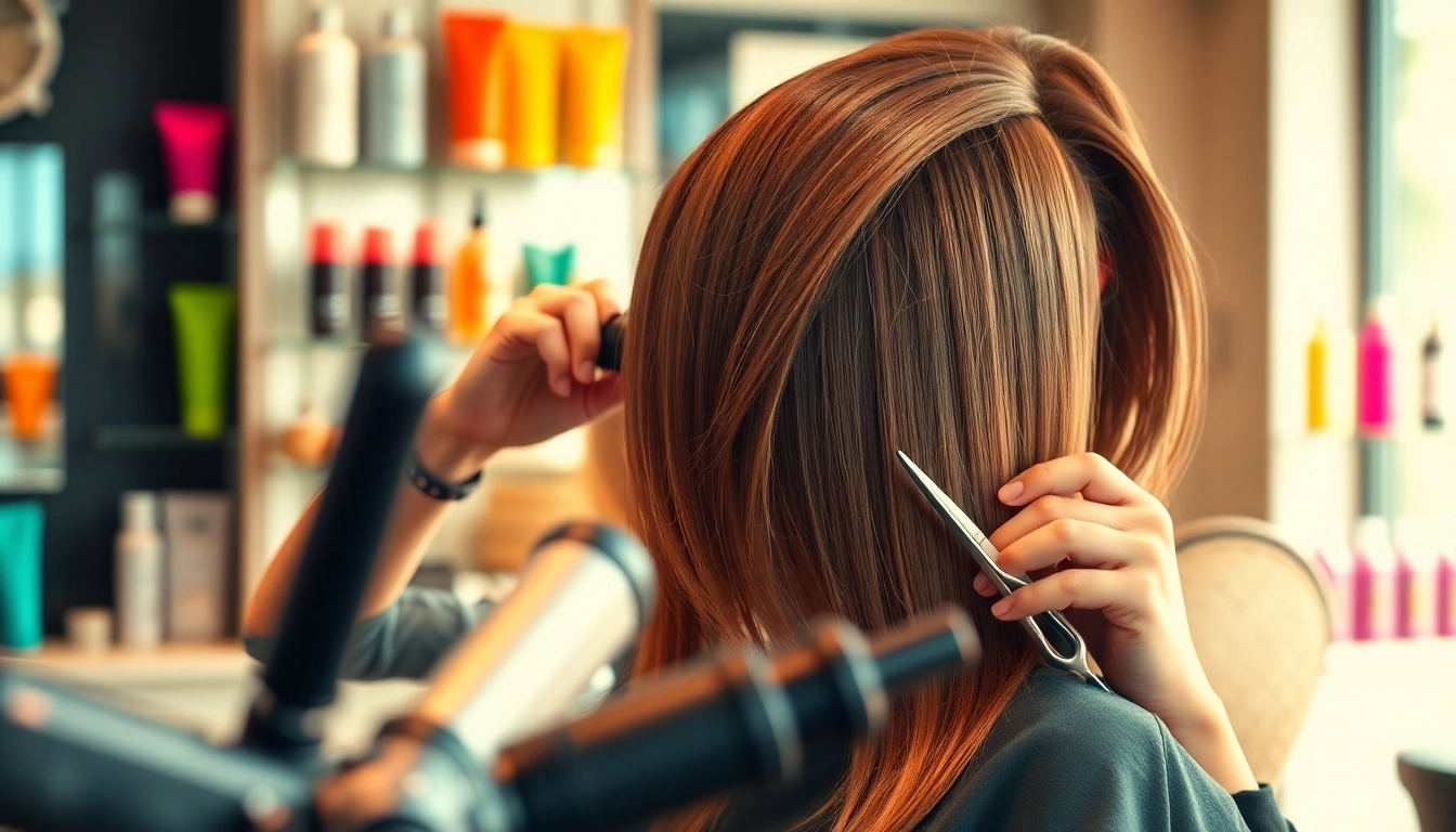 Frizer Craiova showcasing a skilled haircut in a modern salon setting with vibrant colors.