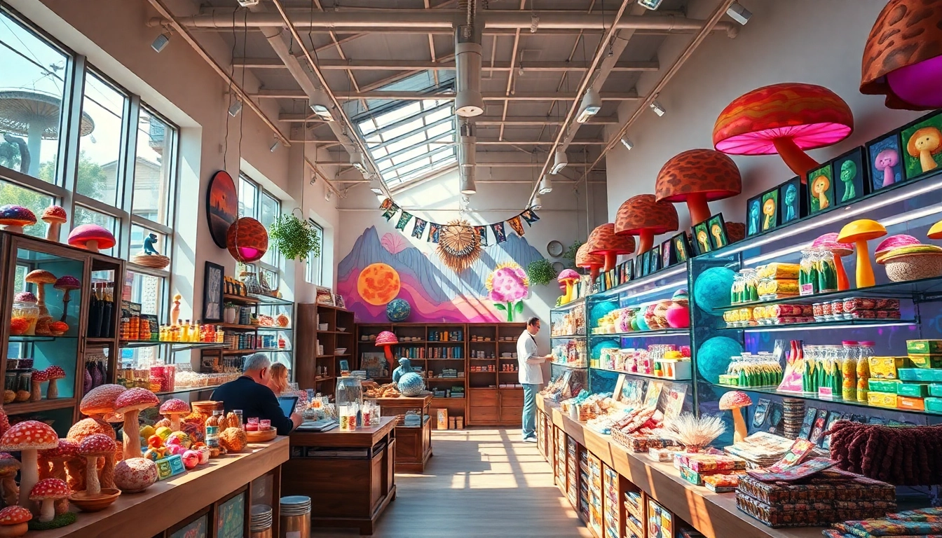 Psychedelicschemstore showcasing a colorful display of psychedelic products in a vibrant atmosphere.