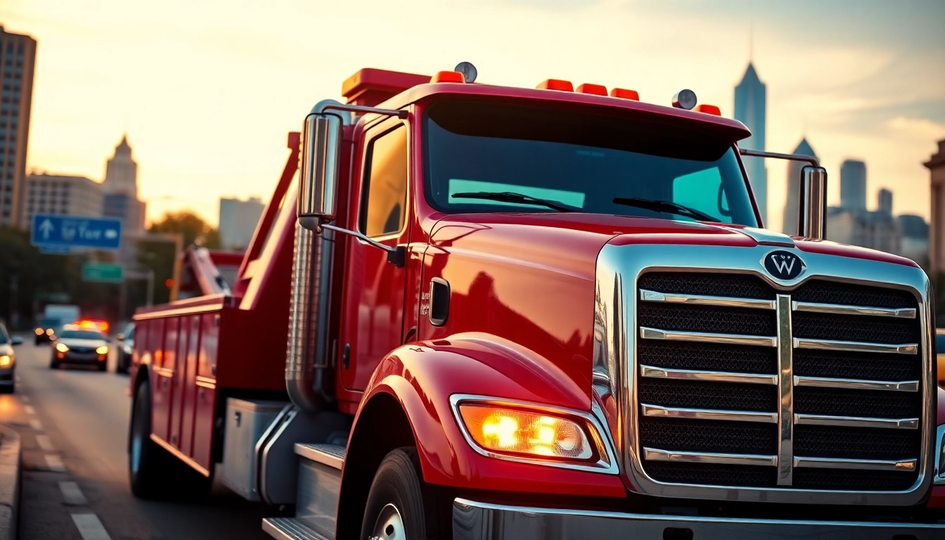 Towing service Nashville TN active tow truck in urban Nashville setting with city landmarks.