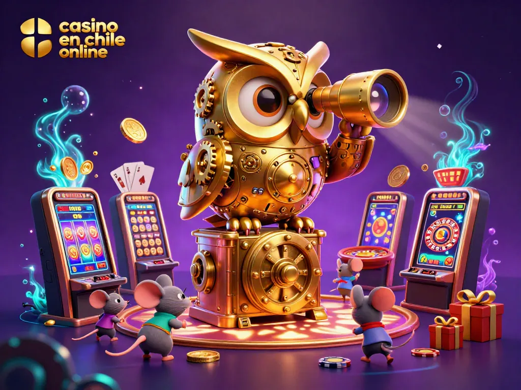Juega en un casino en Chile online rodeado de una colorida escena de tragamonedas y cartas.