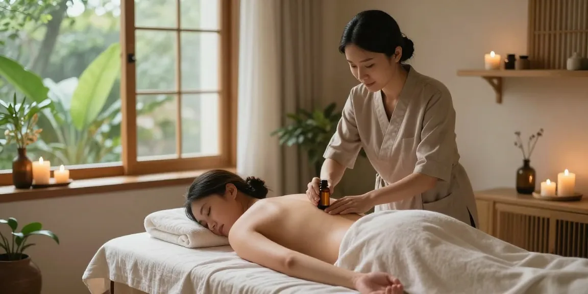 1인샵 마사지 룸에서 아로마 오일로 마사지하는 모습