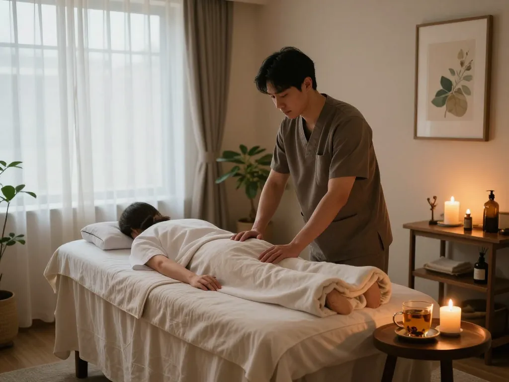 Relaxing 포항스웨디시 massage therapy room with ambient lighting and soothing decor.