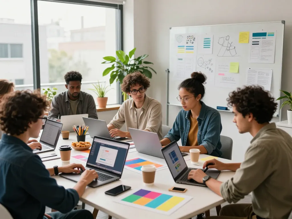 Freelance web designer collaboration in a bright workspace with laptops, design mockups, and coffee.