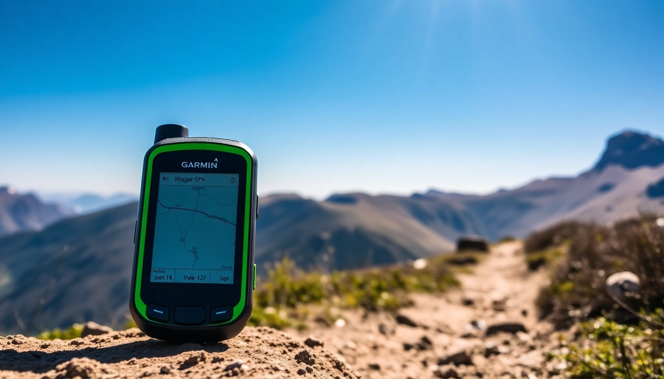 Garmin GPS device displaying navigational data in a picturesque outdoor setting