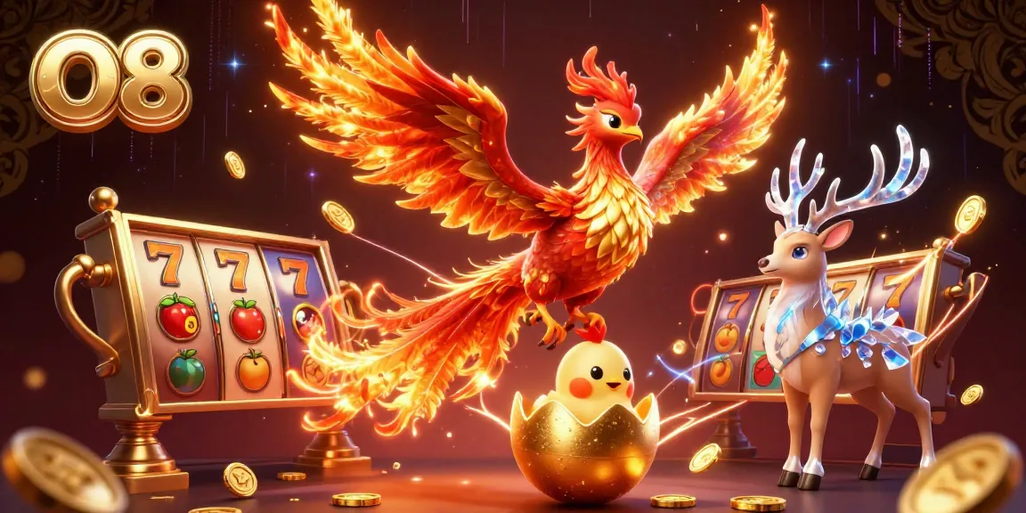 Engage with O8's vibrant casino universe featuring a phoenix, hatching chick, and mystical stag.
