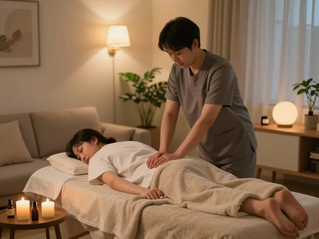 Relaxed atmosphere during 부천 출장마사지 in cozy living room with calming essential oils and gentle lighting.