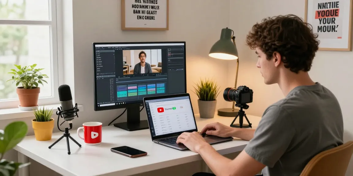 Buy YouTube views in a cozy home office with a content creator analyzing video engagement.
