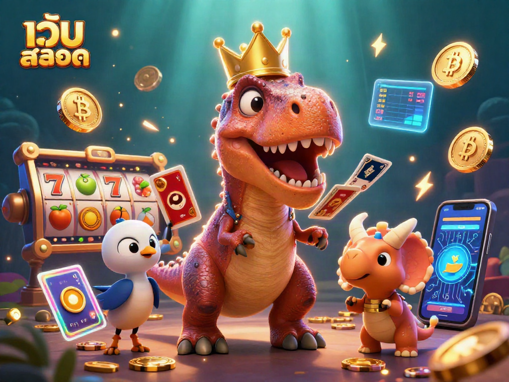 Engage with เว็บสล็อต as a playful T-Rex tries to shuffle cards while a pterodactyl assists and a triceratops stacks chips.