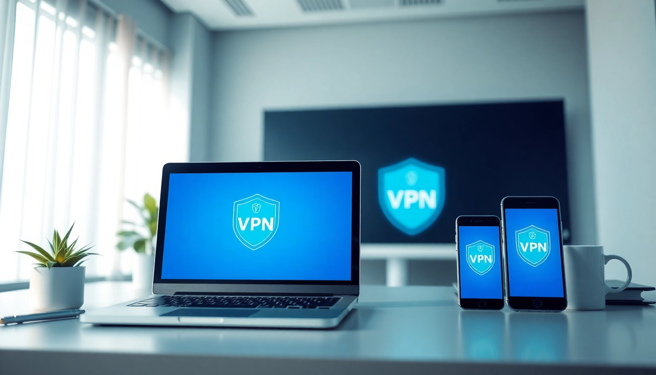 快连vpn下载 interface displayed on modern devices in a professional workspace.
