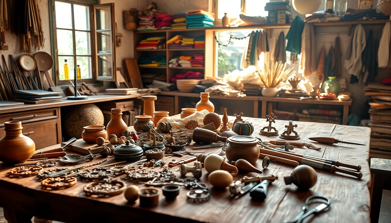 Engaging depiction of laoutaris concept in a creative artisan workspace, featuring handcrafted tools.