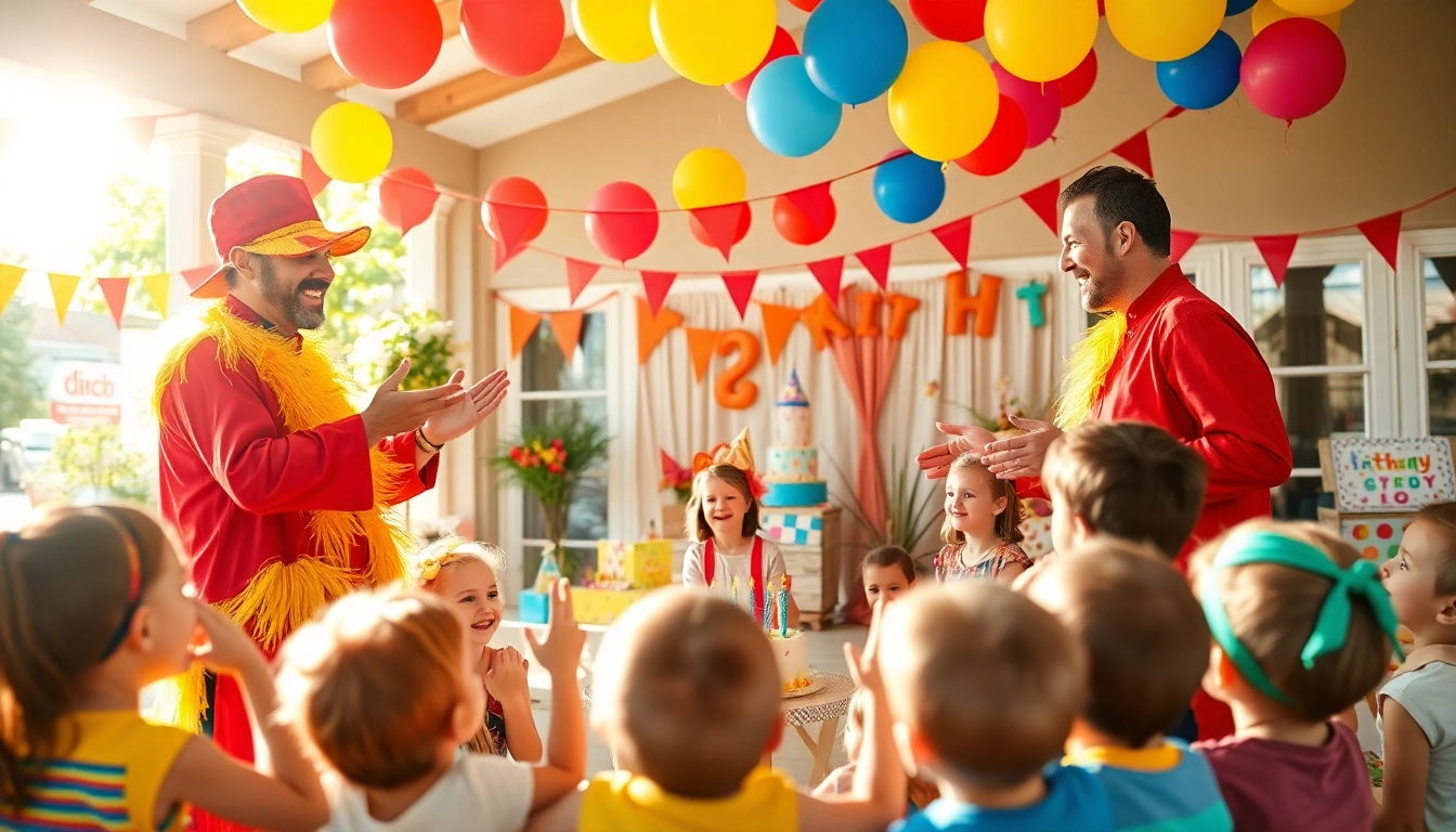 Children enjoying a lively performance by birthday party entertainers amidst colorful decorations.