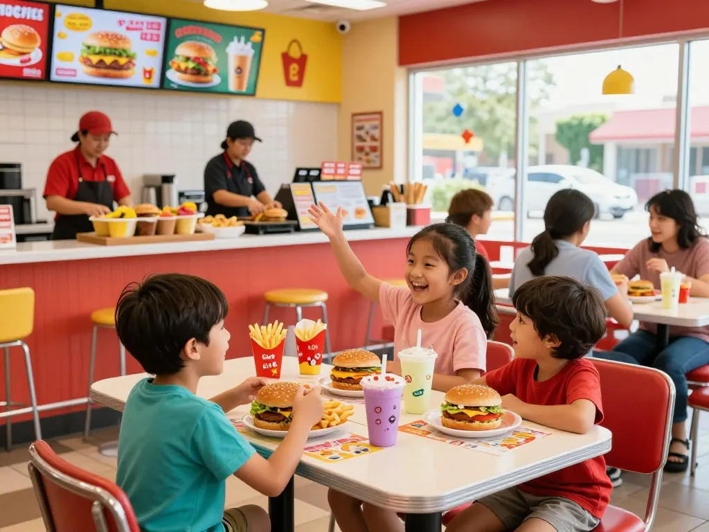 Family enjoying a fast food menu in a lively restaurant setting with colorful dishes.