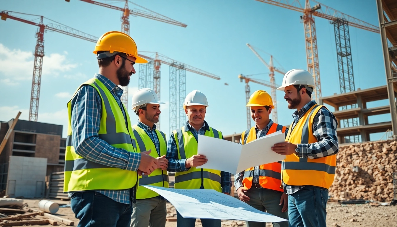 Construction association team discussing plans at a dynamic construction site.