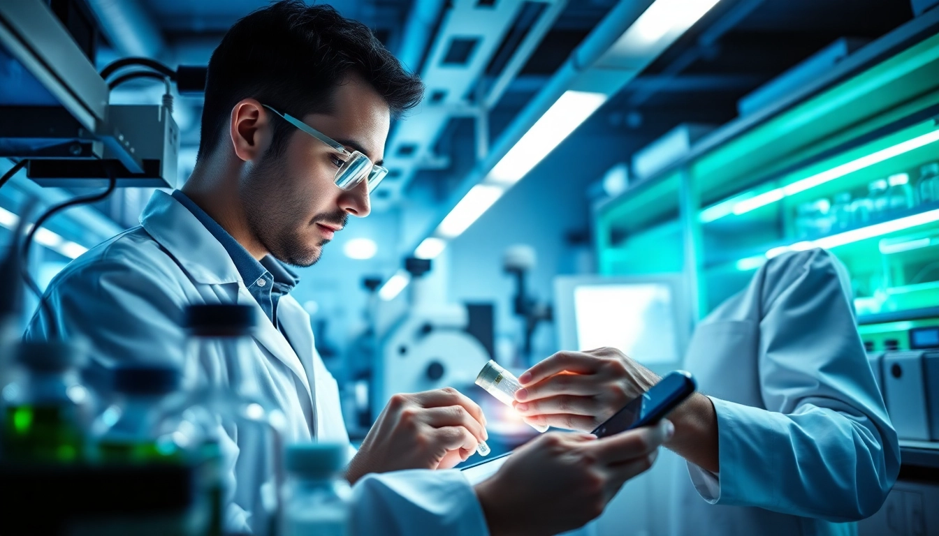 Research peptides being analyzed by a scientist in a modern laboratory environment.