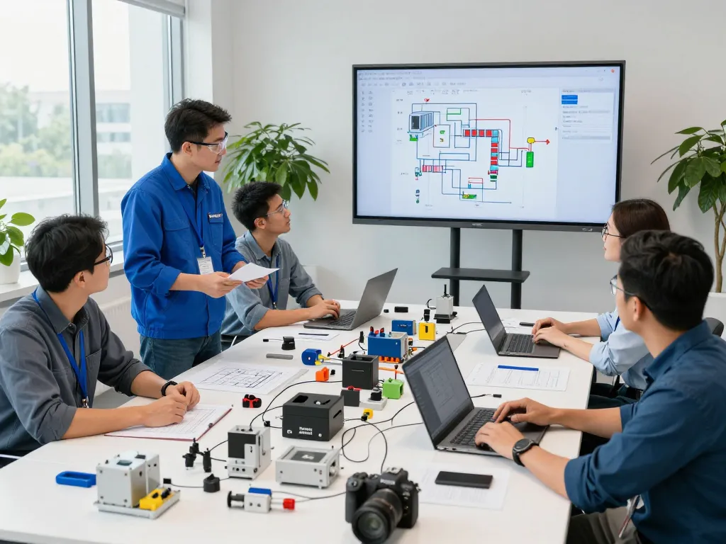Team discussing Bosch Rexroth automation solutions in a modern office setting.