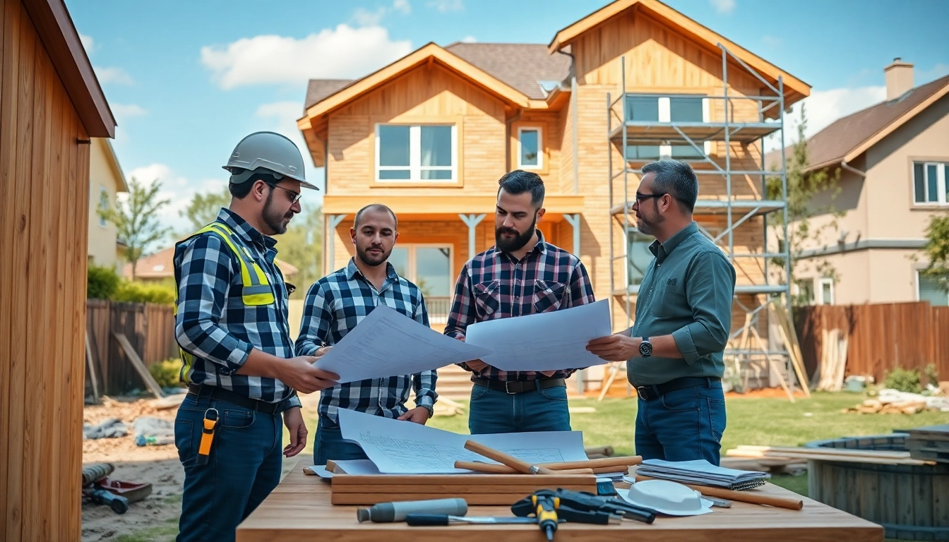 Find good builders near me working on a residential construction project with a blueprint.