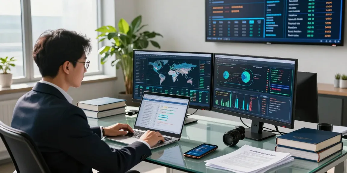 Financial crime intelligence analyst assessing data trends in a high-tech office environment.