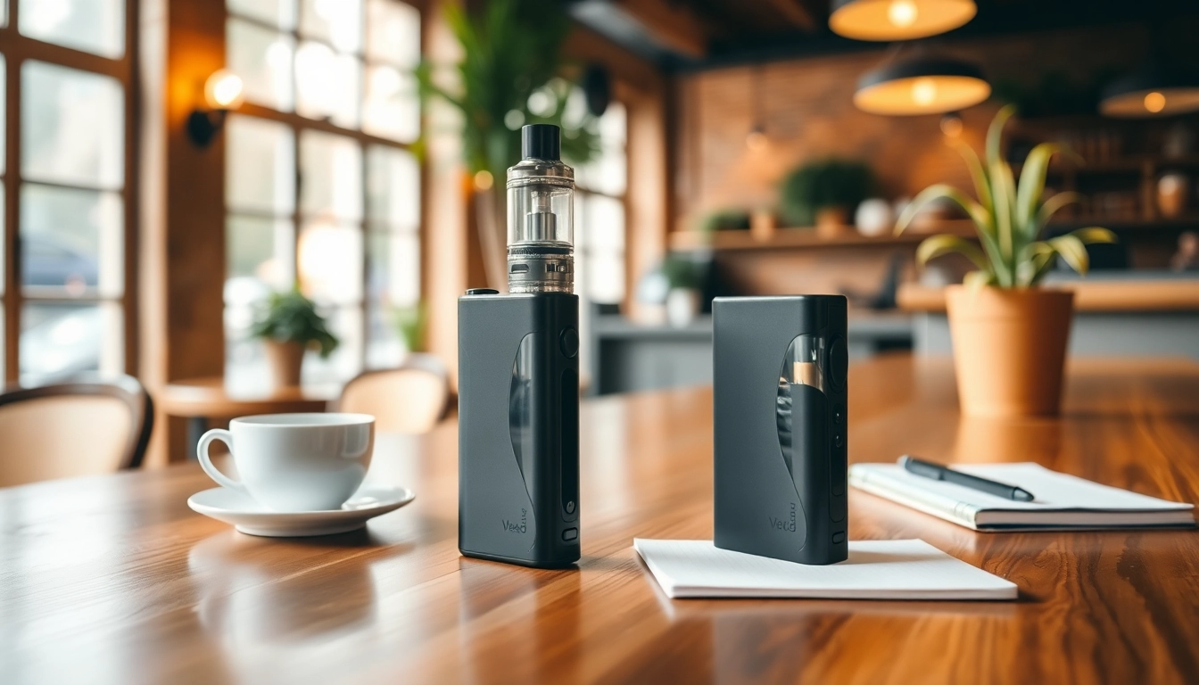 Showcasing a stylish vape kit on a wooden countertop with a coffee cup, highlighting a modern lifestyle.