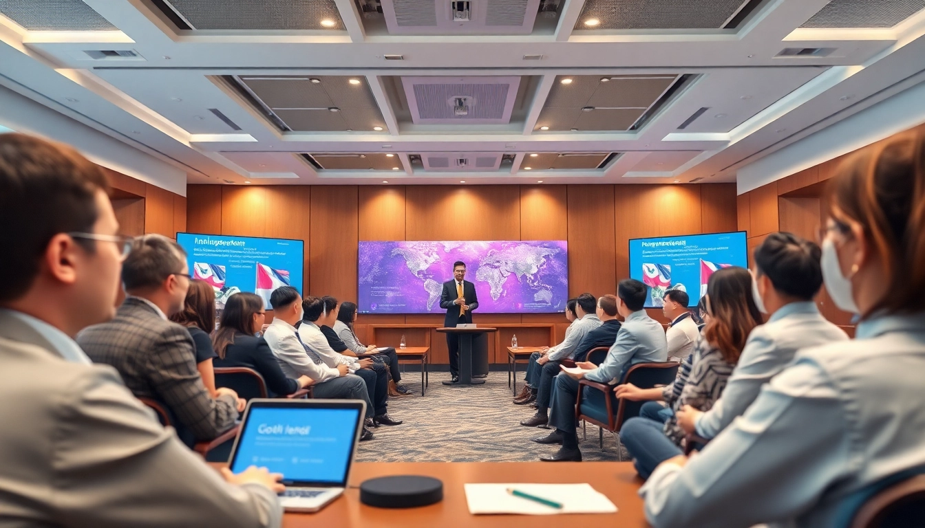 AI interpretation service displayed in a modern conference, highlighting seamless multilingual communication.