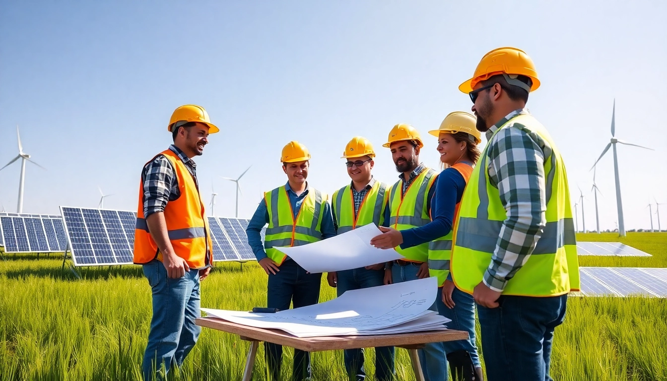Engaged skilled labor for energy sector workers collaborating outdoors on a renewable energy project.