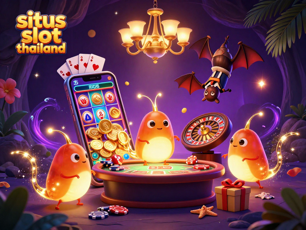 situs slot thailand illuminating vibrant gaming action with glowworms and a bat dealer in a cave casino