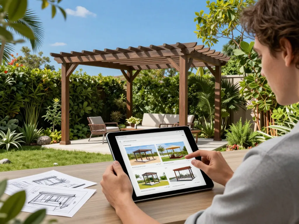 scène du configurateur pergola en ligne avec un utilisateur concevant une pergola sur mesure dans un jardin vibrant