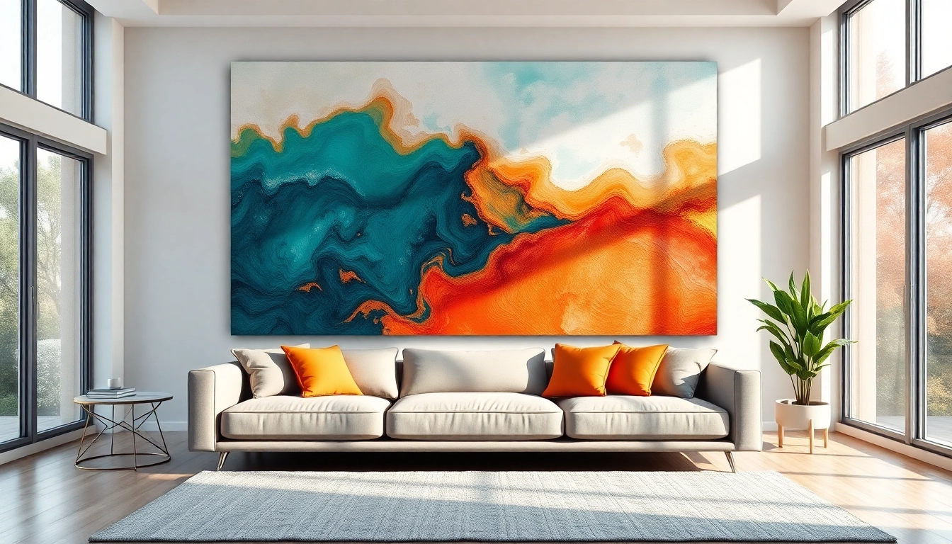 Enchanting canvas wall art enhances a stylish living room with vibrant design and colors.