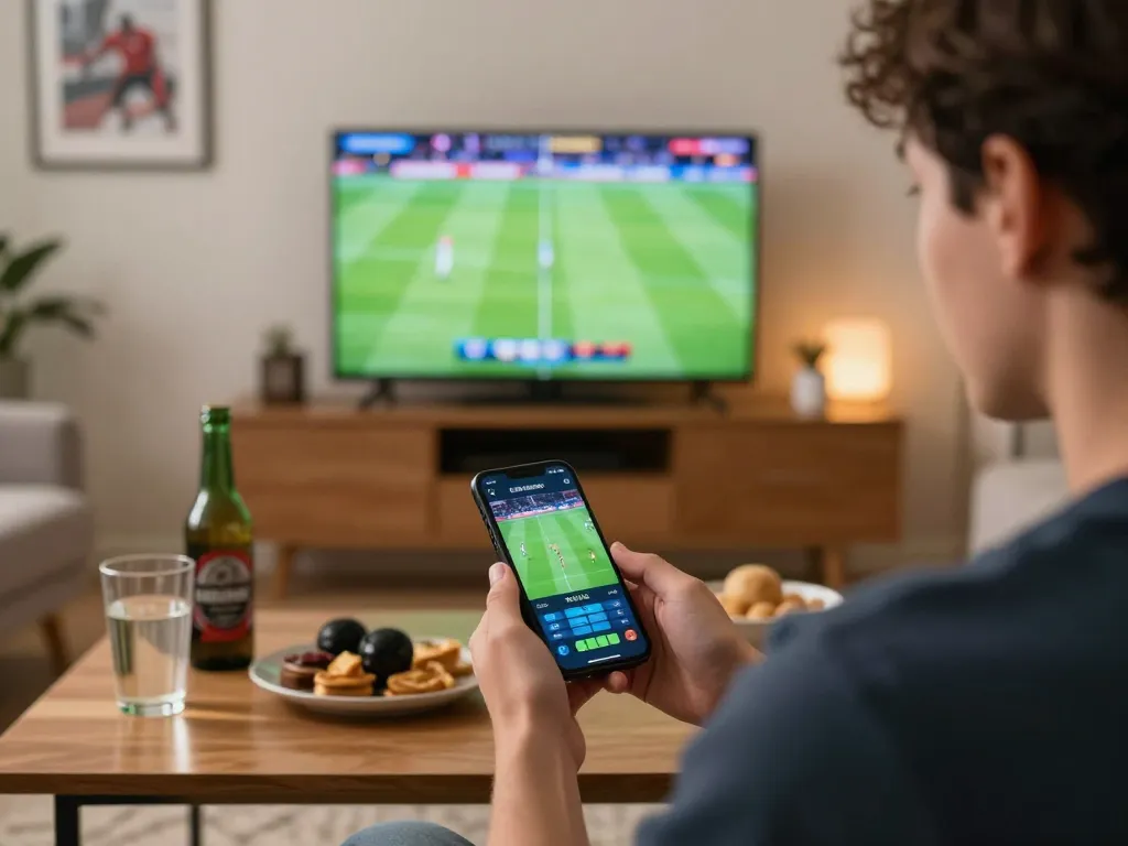 Engaging in online sports betting with the kong88 nesl app during live sports event, showcasing excitement.