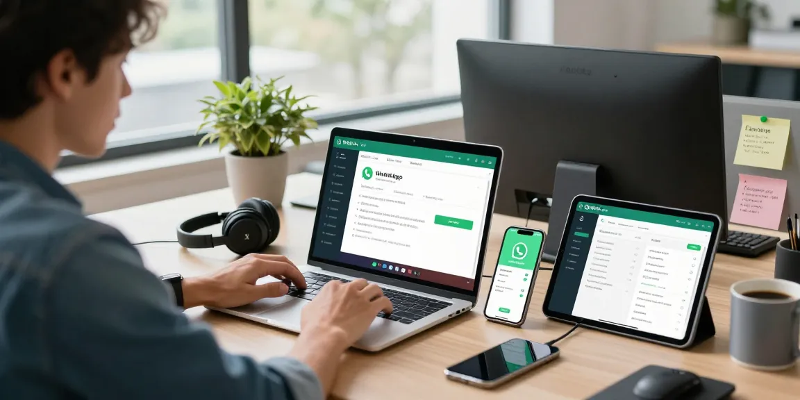 Developer downloading WhatsApp下載 on multiple devices in a modern tech workspace.