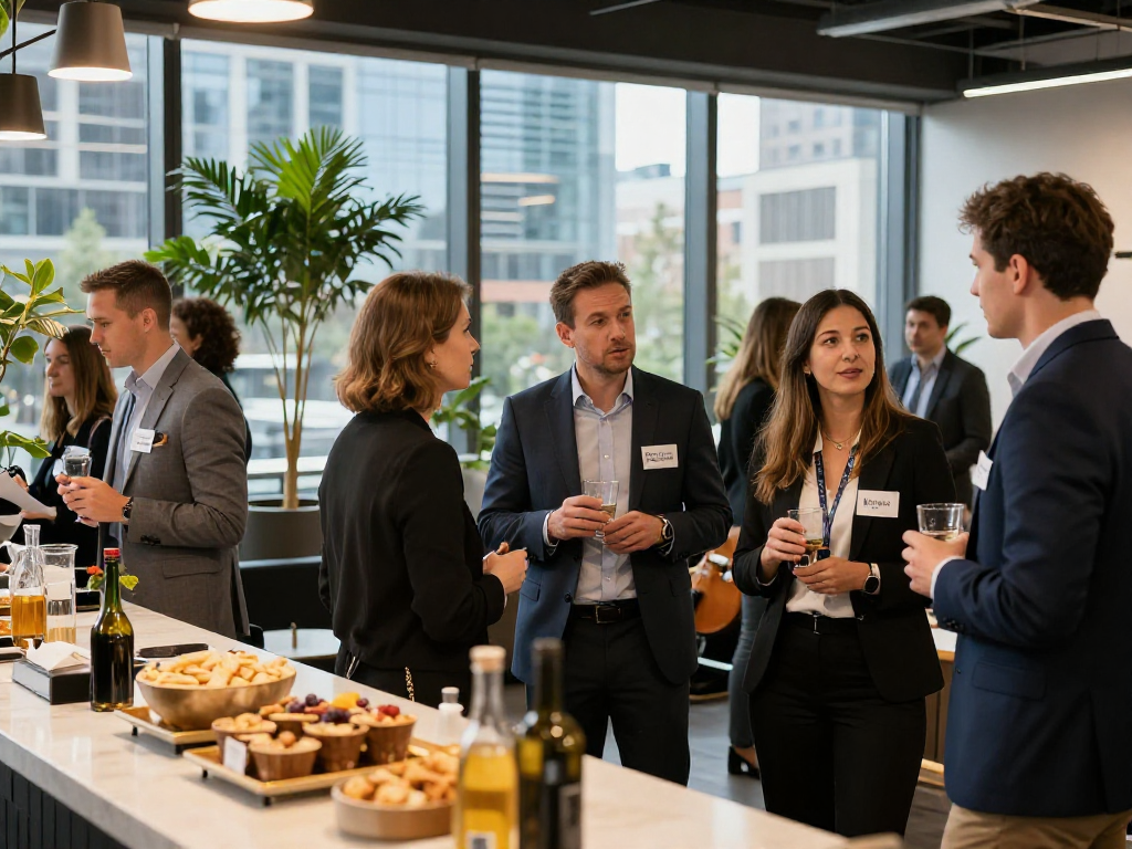 Stephen Gleave Ancaster discussing ideas with professionals at networking event, showcasing a vibrant and engaging business atmosphere.
