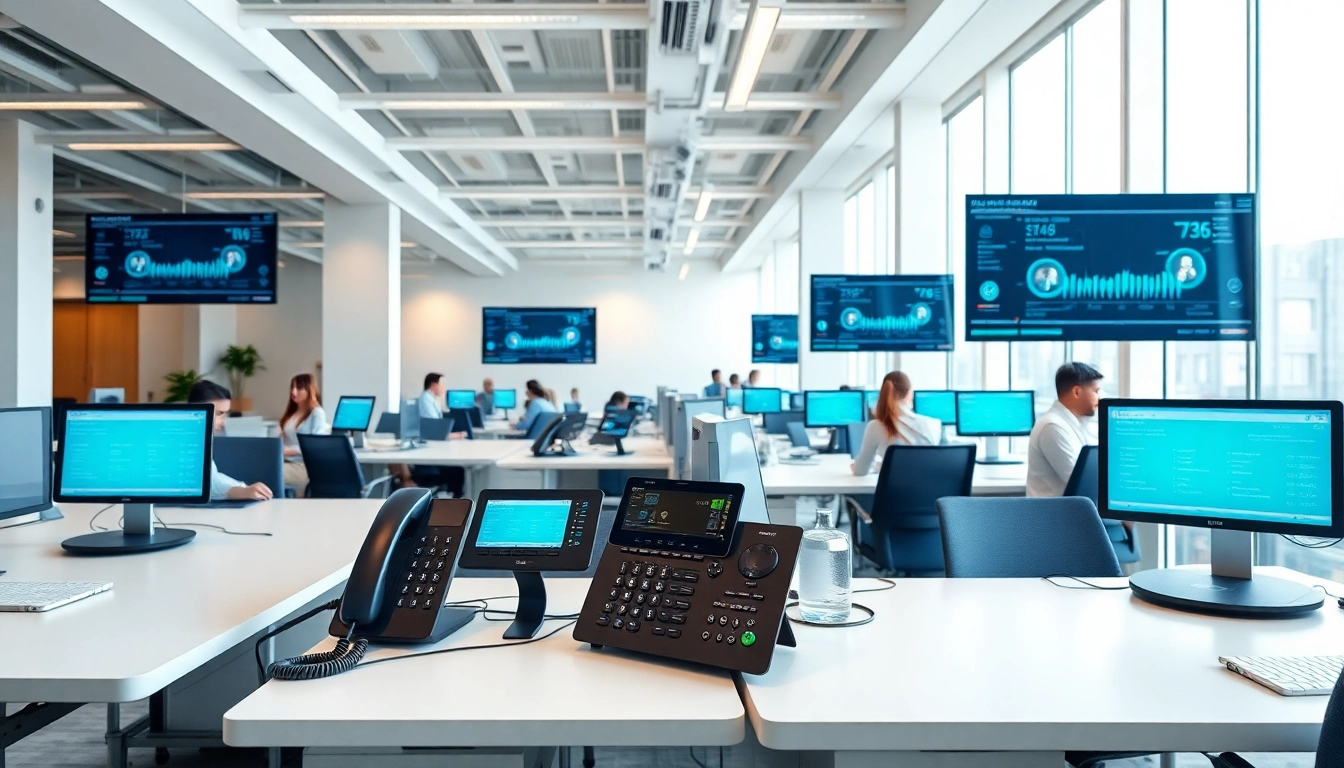 Setting showcasing business phone systems in an active office, highlighting communication efficiency and technology.